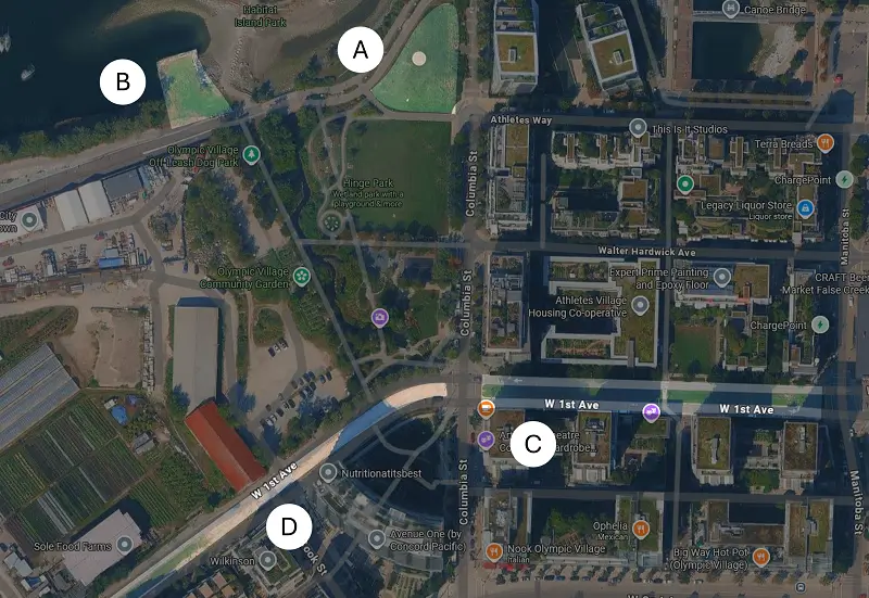 A map labelling different areas in the vicinity of Hinge Park